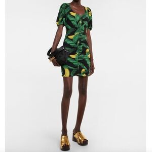 Ganni Ruched Black Banana Palm Print Mini Dress